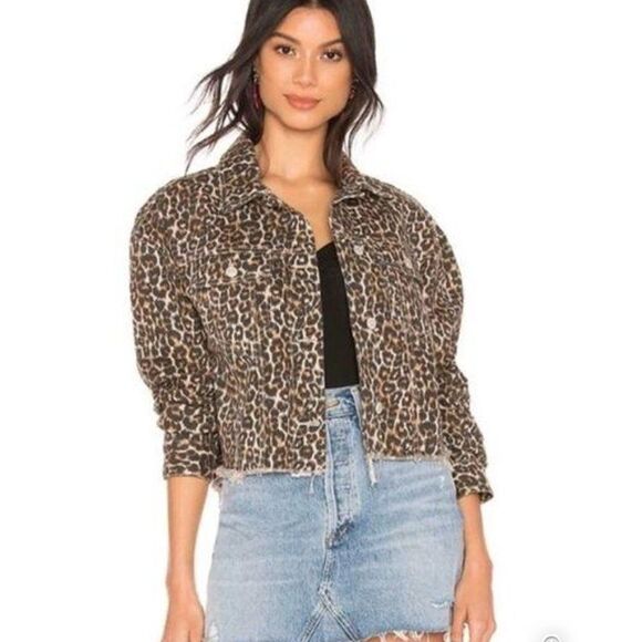 Free People Jackets & Blazers - FREE PEOPLE Leopard Print Cropped, Raw Hem Denim Jacket, Size S